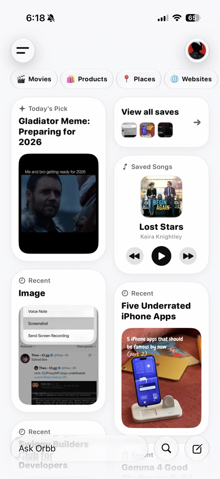 Orbb home screen with saved movies, products, places, websites, music, and recent saves